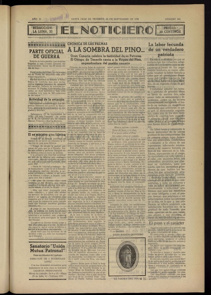 Miniatura de El Noticiero :periódico de información del 26 de septiembre de 1938, nº 444