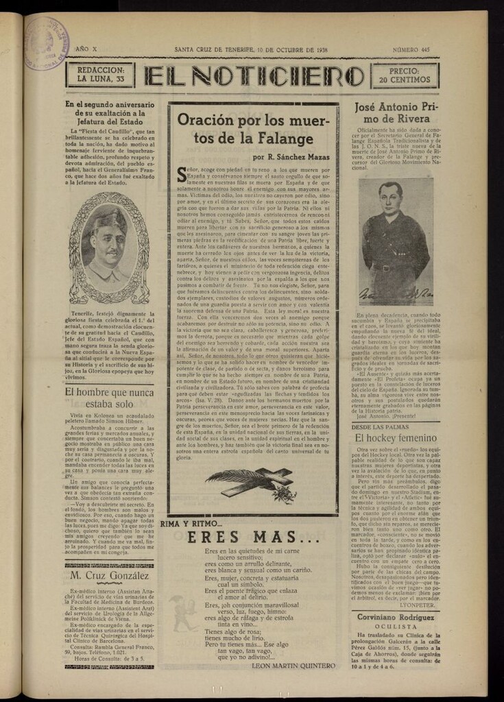 Miniatura de El Noticiero :periódico de información del 10 de octubre de 1938, nº 445