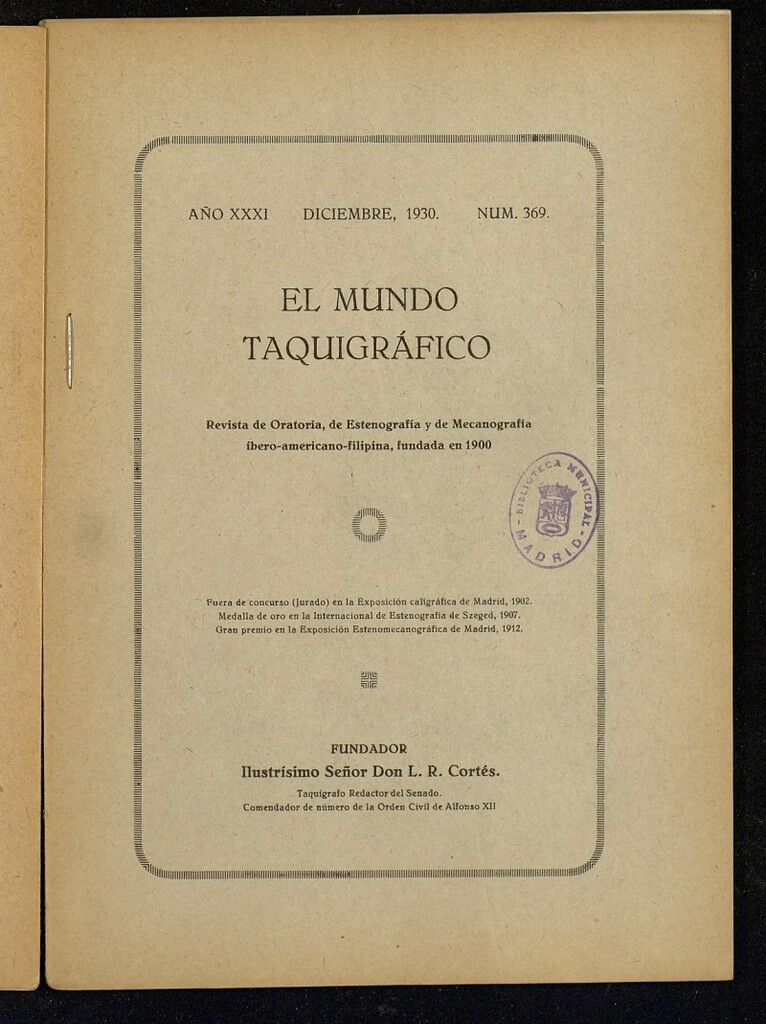 Miniatura de El Mundo Taquigráfico: revista mensual hispano-americana de oratoria y de estenografía. Diciembre de 1930, nº 369