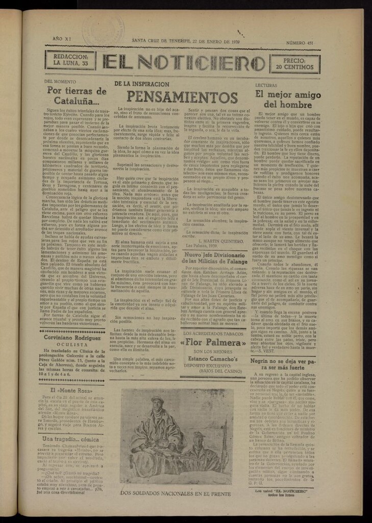 Miniatura de El Noticiero :periódico de información del 22 de enero de 1939, nº 451