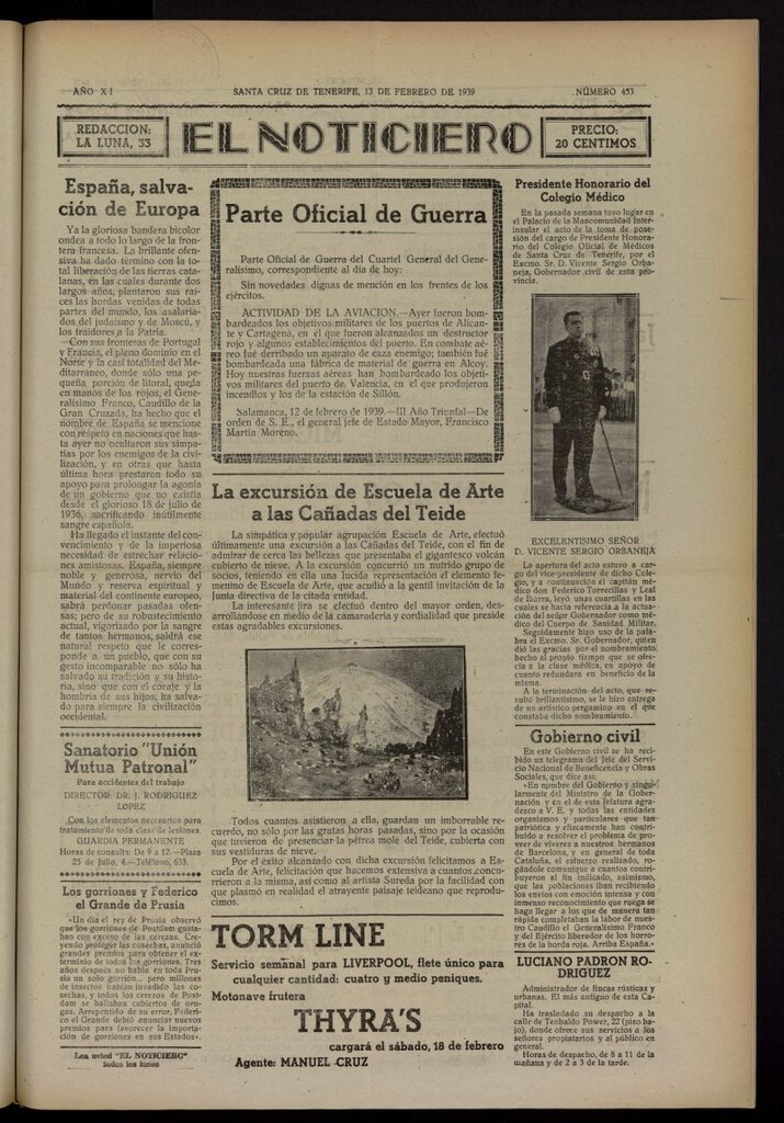 Miniatura de El Noticiero :periódico de información del 13 de febrero de 1939, nº 453