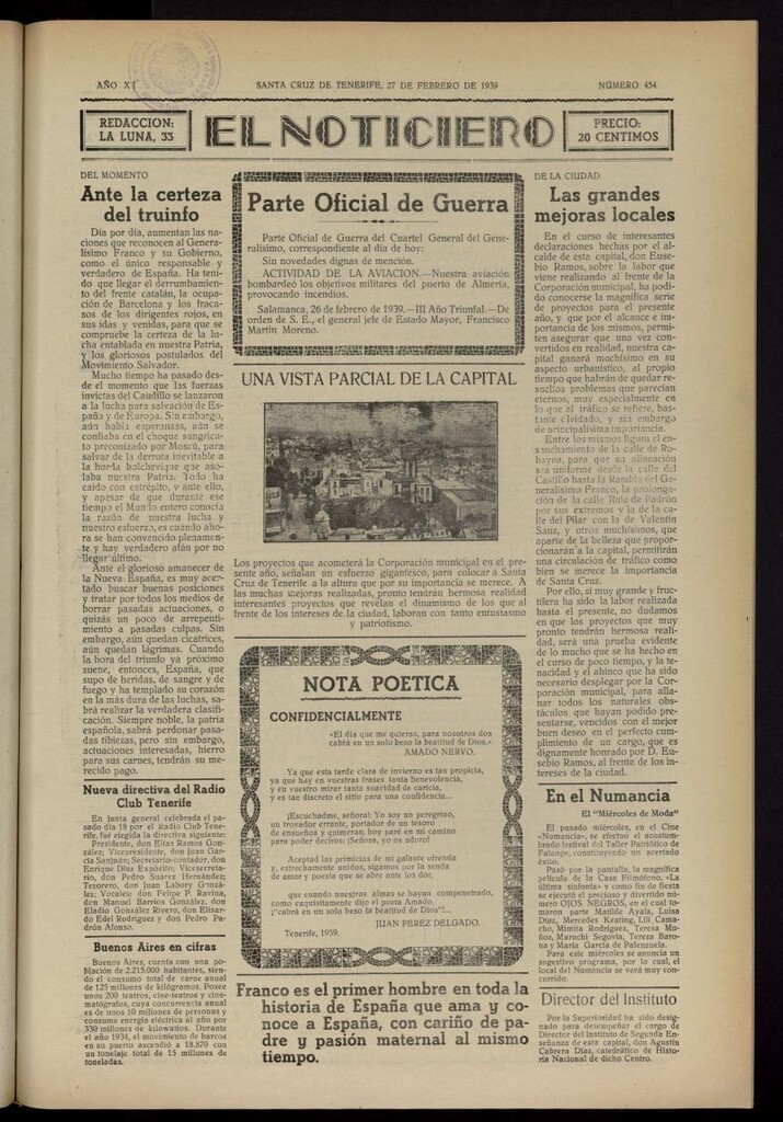 Miniatura de El Noticiero :periódico de información del 27 de febrero de 1939, nº 454