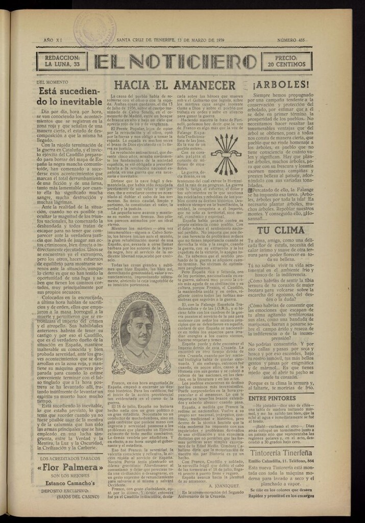 Miniatura de El Noticiero :periódico de información del 13 de marzo de 1939, nº 455