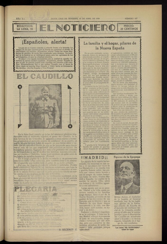 Miniatura de El Noticiero :periódico de información del 10 de abril de 1939, nº 457