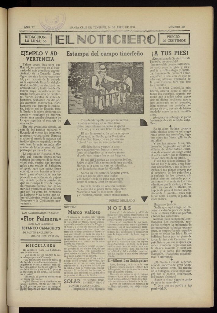 Miniatura de El Noticiero : periódico de información del 24 de abril de 1939, nº 458
