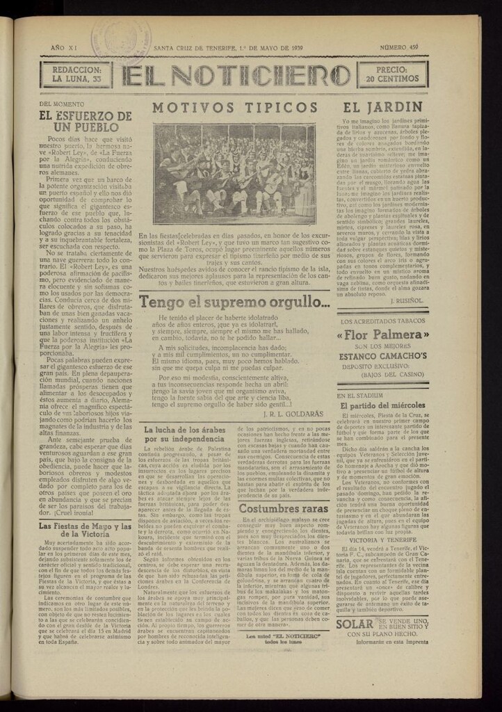 Miniatura de El Noticiero : periódico de información del 1 de mayo de 1939, nº 459