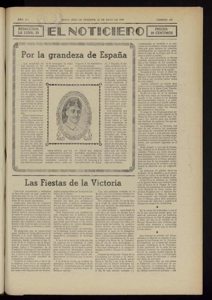 Miniatura de El Noticiero :periódico de información del 22 de mayo de 1939, nº 459