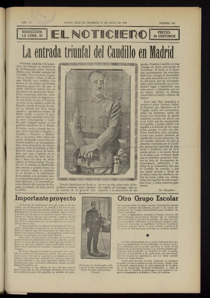 Miniatura de El Noticiero :periódico de información del 29 de mayo de 1939, nº 460