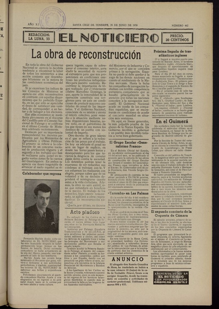 Miniatura de El Noticiero :periódico de información del 26 de junio de 1939, nº 462