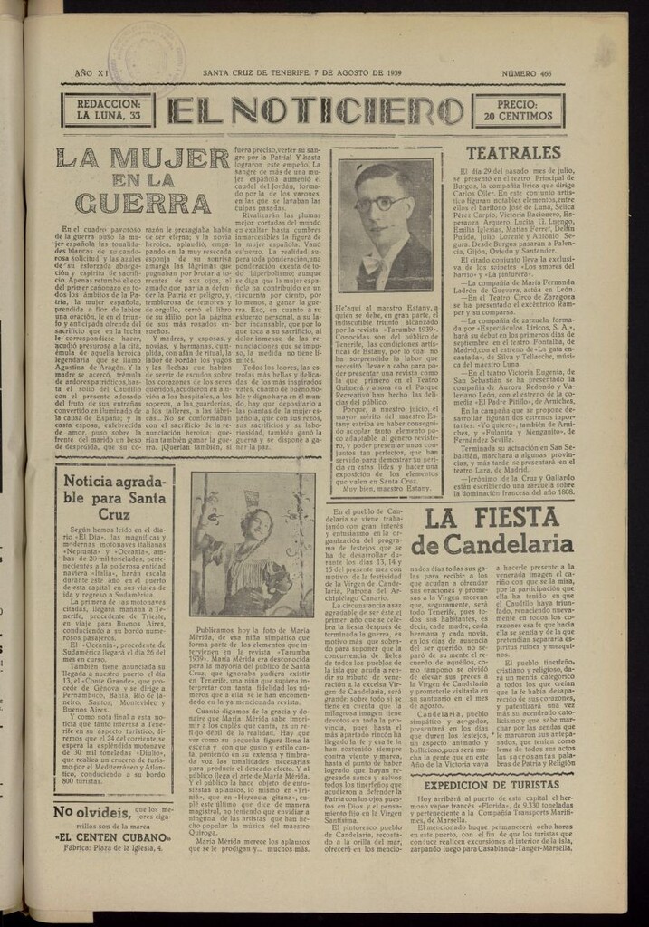 Miniatura de El Noticiero :periódico de información del 7 de agosto de 1939, nº 466