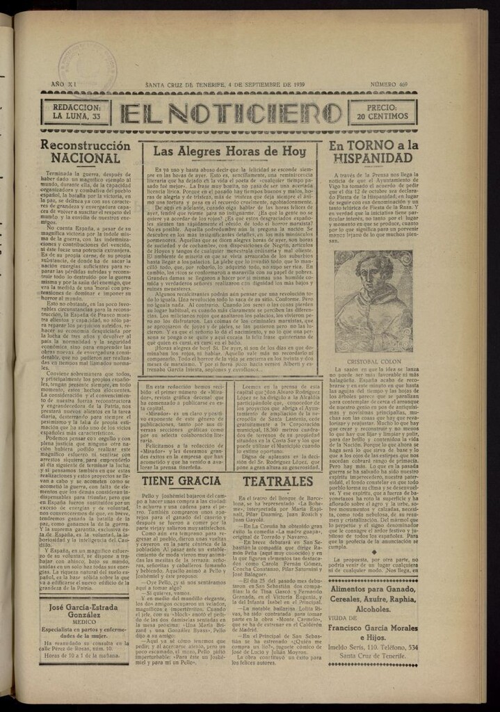 Miniatura de El Noticiero :periódico de información del 4 de septiembre de 1939, nº 469