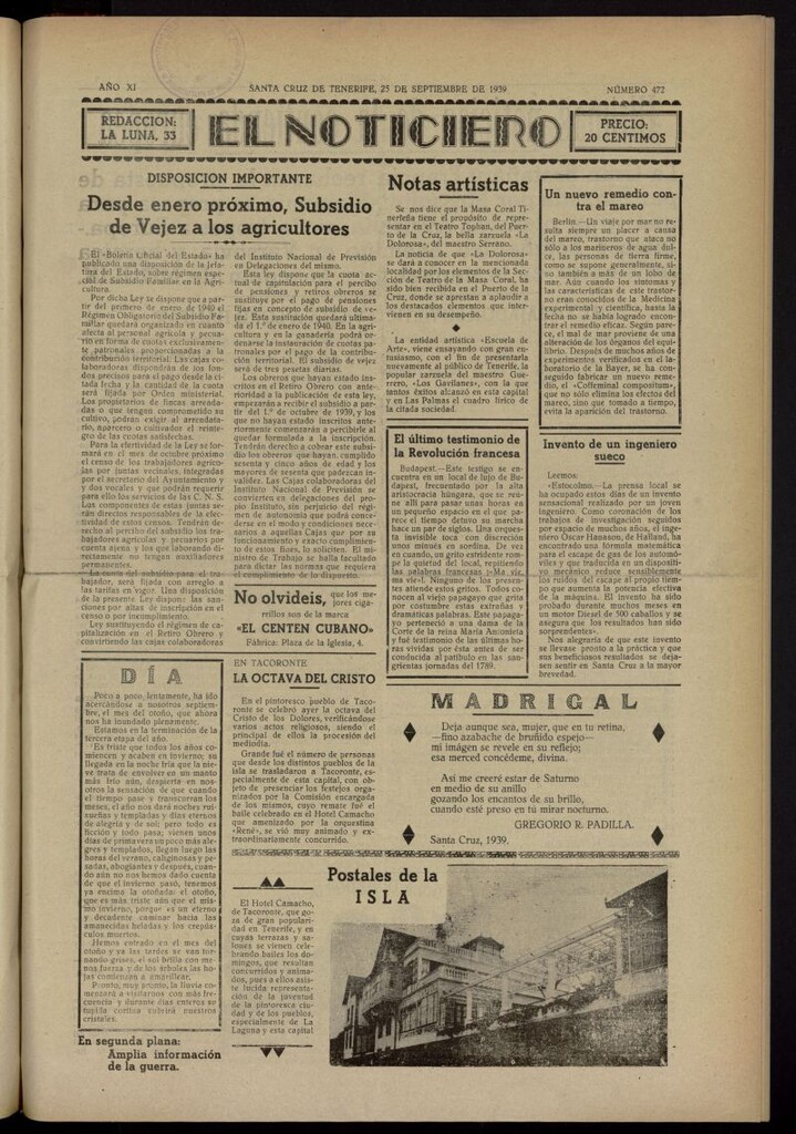 Miniatura de El Noticiero :periódico de información del 25 de septiembre de 1939, nº 472