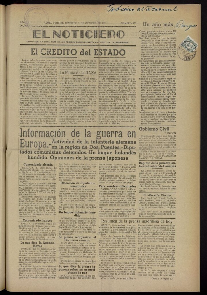 Miniatura de El Noticiero :periódico de información del 9 de octubre de 1939, nº 473 [sic]