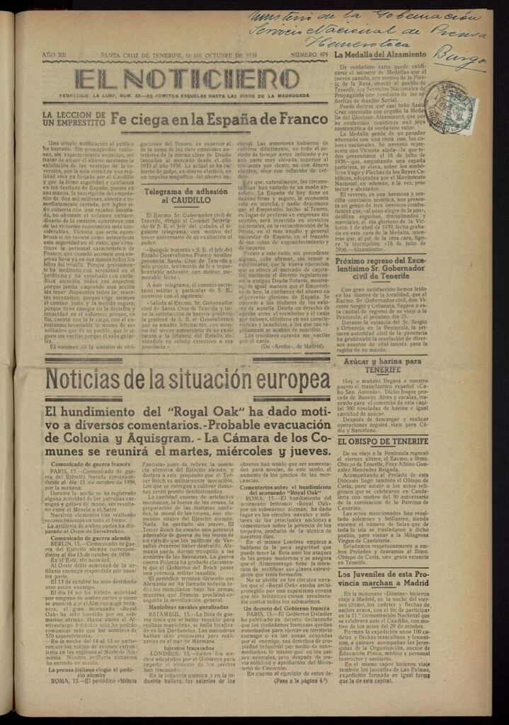 Miniatura de El Noticiero : periódico de información del 16 de octubre de 1939, nº 474