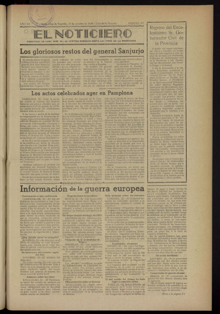 Miniatura de El Noticiero : periódico de información del 23 de octubre de 1939, nº 475