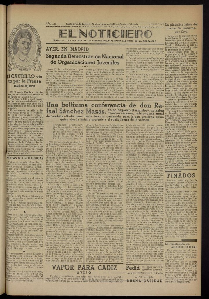 Miniatura de El Noticiero : periódico de información del 30 de octubre de 1939, nº 476