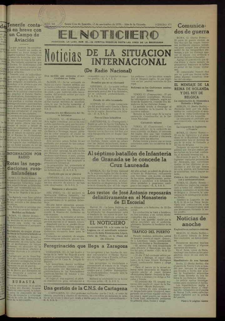 Miniatura de El Noticiero : periódico de información del 13 de noviembre de 1939, nº 478