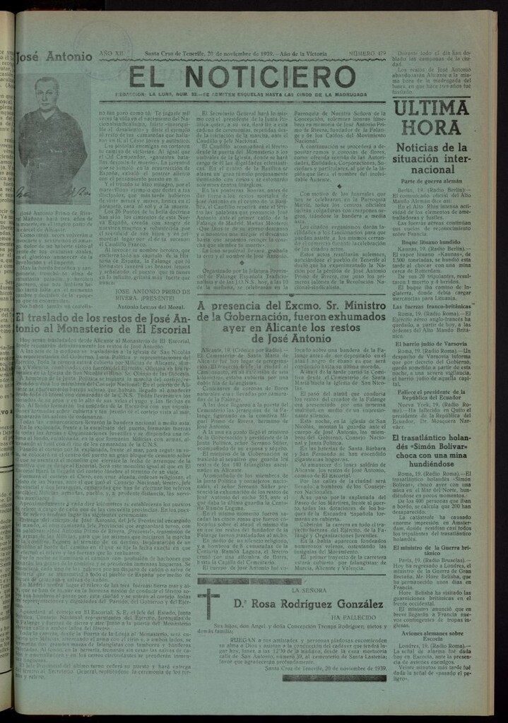Miniatura de El Noticiero : periódico de información del 20 de noviembre de 1939, nº 479