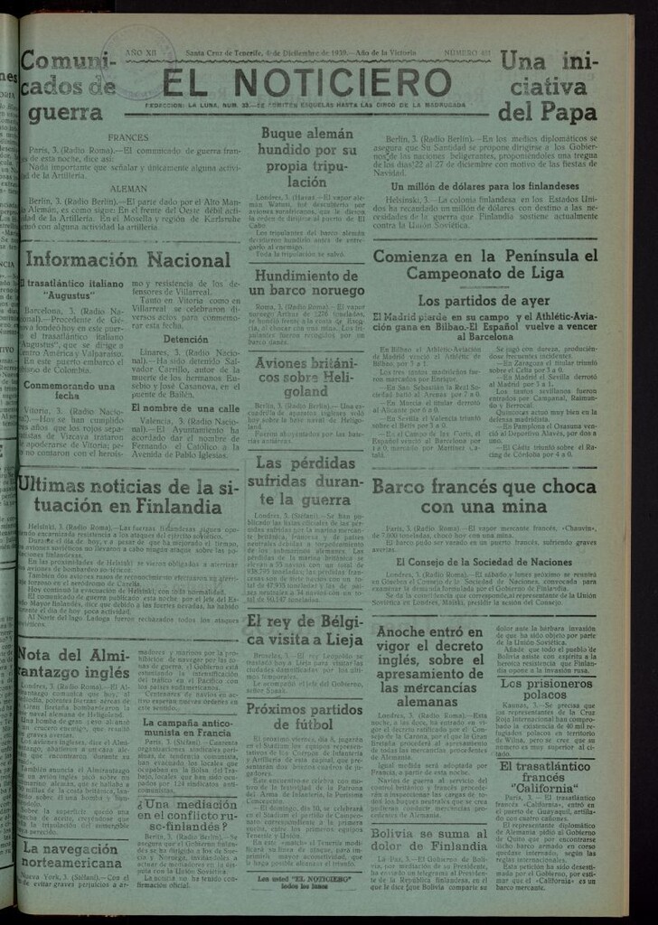 Miniatura de El Noticiero : periódico de información del 4 de diciembre de 1939, nº 481