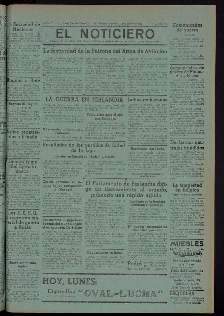 Miniatura de El Noticiero :periódico de información del 11 de diciembre de 1939, nº 482