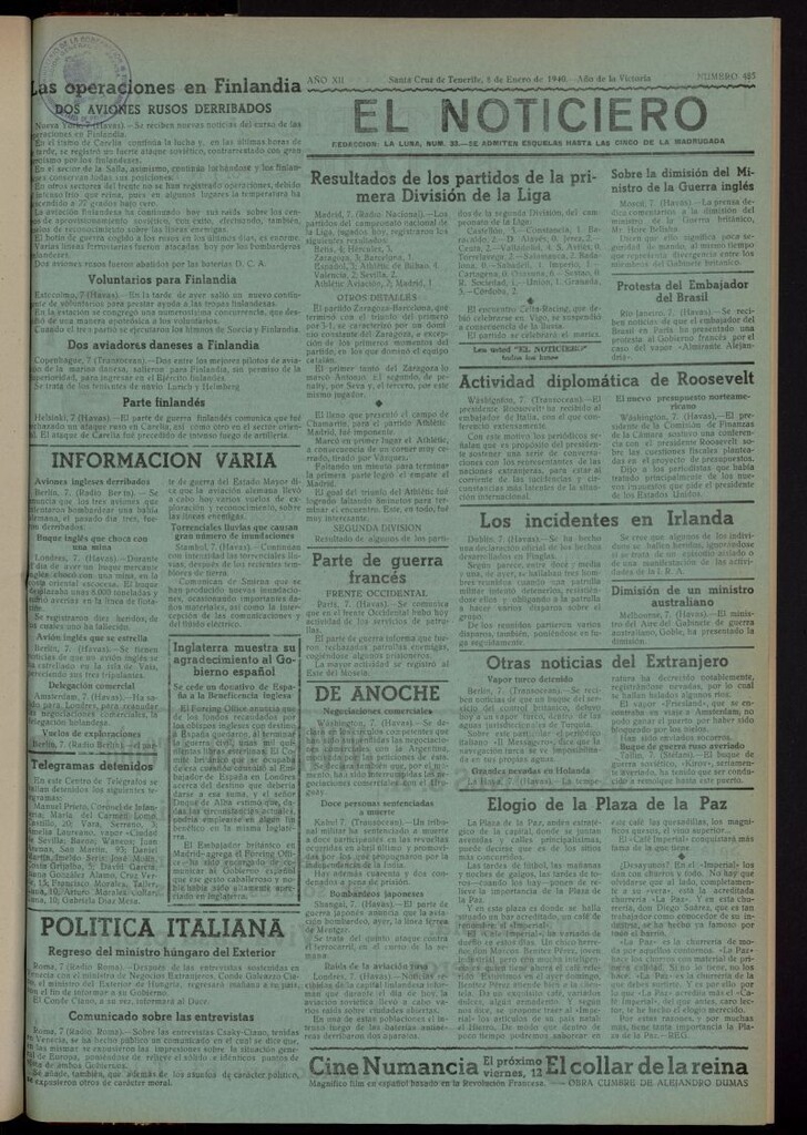 Miniatura de El Noticiero : periódico de información del 8 de enero de 1940, nº 485