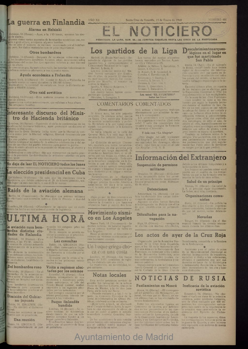 Miniatura de El Noticiero :periódico de información del 15 de enero de 1940, nº 486