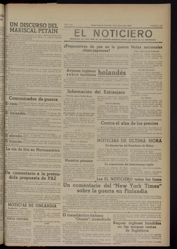 Miniatura de El Noticiero : periódico de información del 22 de enero de 1940, nº 487