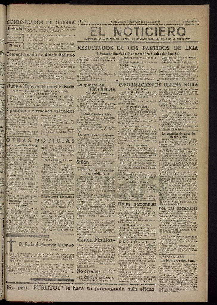 Miniatura de El Noticiero :periódico de información del 29 de enero de 1940, nº 488