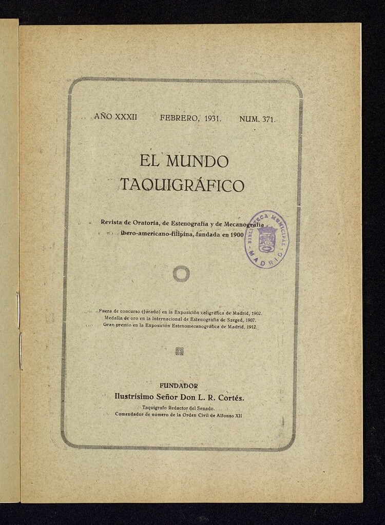 Miniatura de El Mundo Taquigráfico: revista mensual hispano-americana de oratoria y de estenografía. Febrero de 1931, nº 371