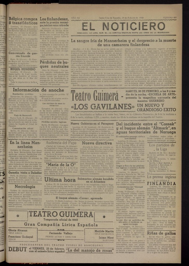 Miniatura de El Noticiero :periódico de información del 19 de febrero de 1940, nº 489