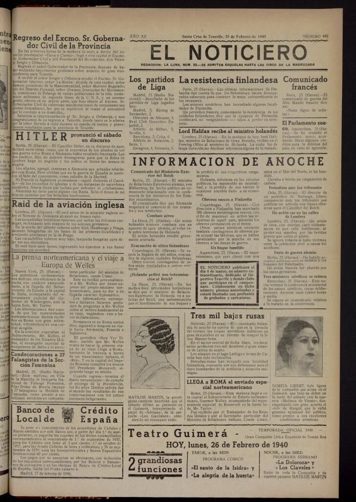 Miniatura de El Noticiero : periódico de información del 26 de febrero de 1940, nº 490