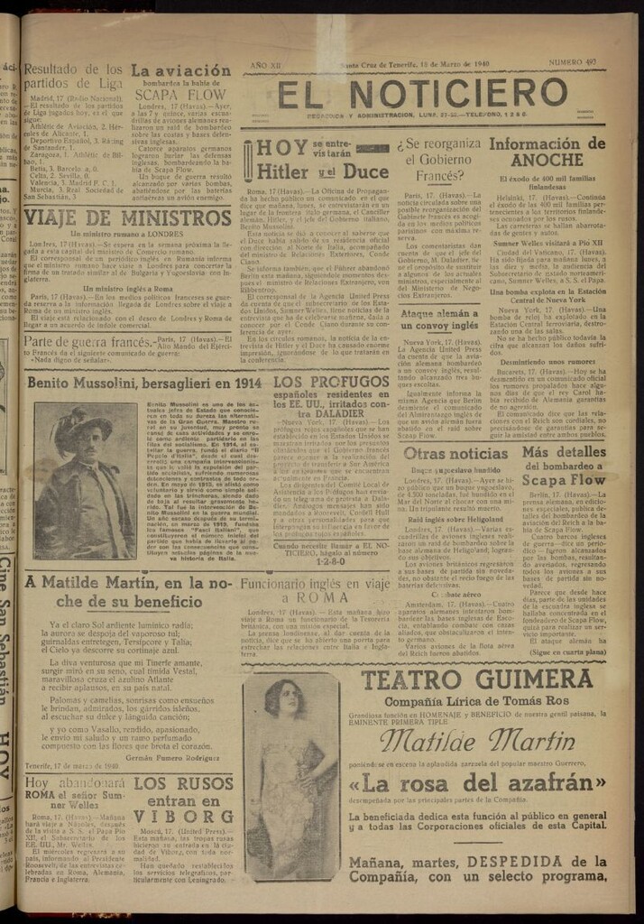 Miniatura de El Noticiero : periódico de información del 18 de marzo de 1940, nº 493