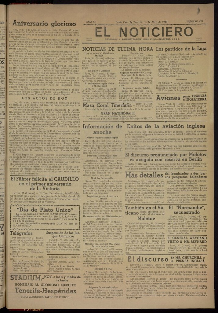 Miniatura de El Noticiero : periódico de información del 1 de abril de 1940, nº 495