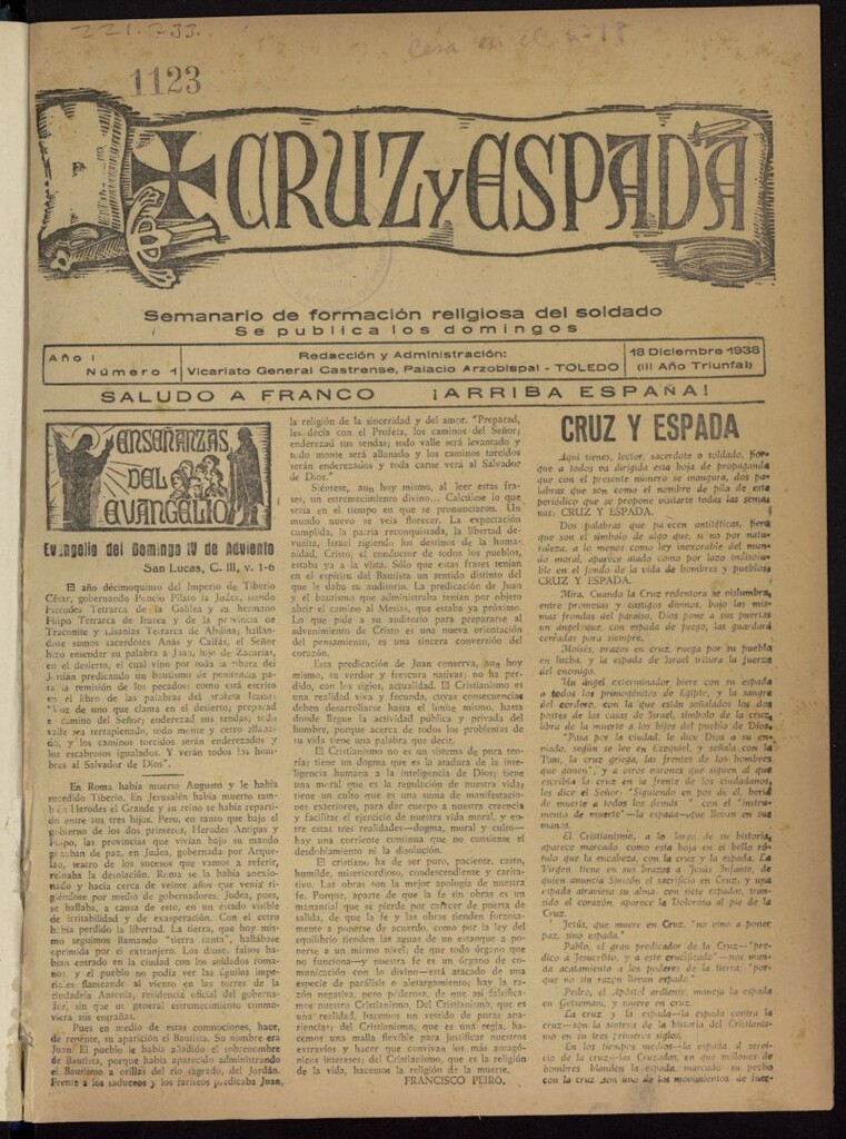 Miniatura de Cruz y espada : semanario de formación religiosa del soldado del 18 de diciembre de 1938, nº 1