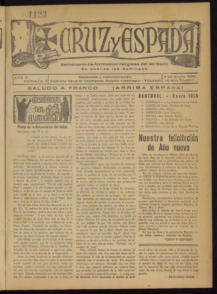 Miniatura de Cruz y espada : semanario de formación religiosa del soldado del 1 de enero de 1939, nº 3