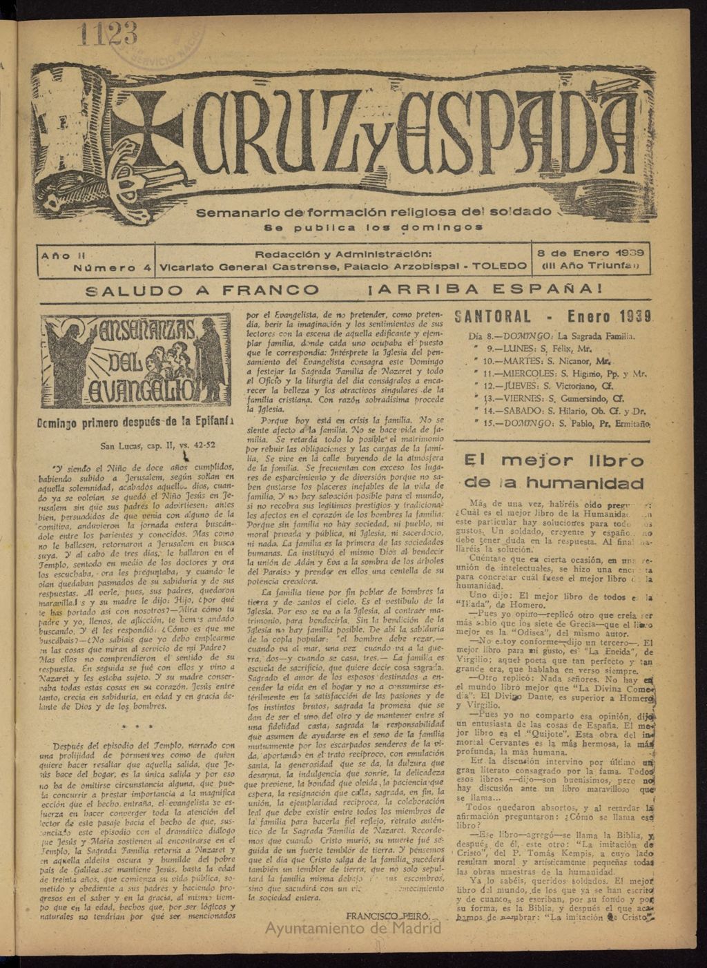 Miniatura de Cruz y espada : semanario de formación religiosa del soldado del 8 de enero de 1939, nº 4