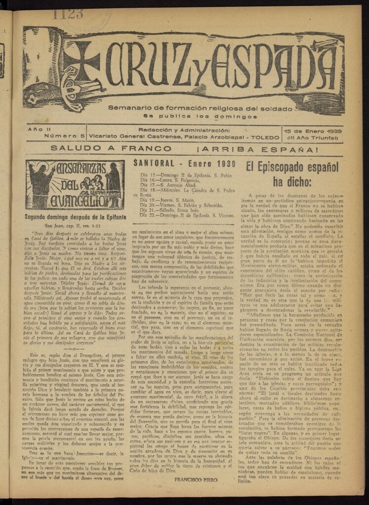 Miniatura de Cruz y espada : semanario de formación religiosa del soldado del 15 de enero de 1939, nº 5