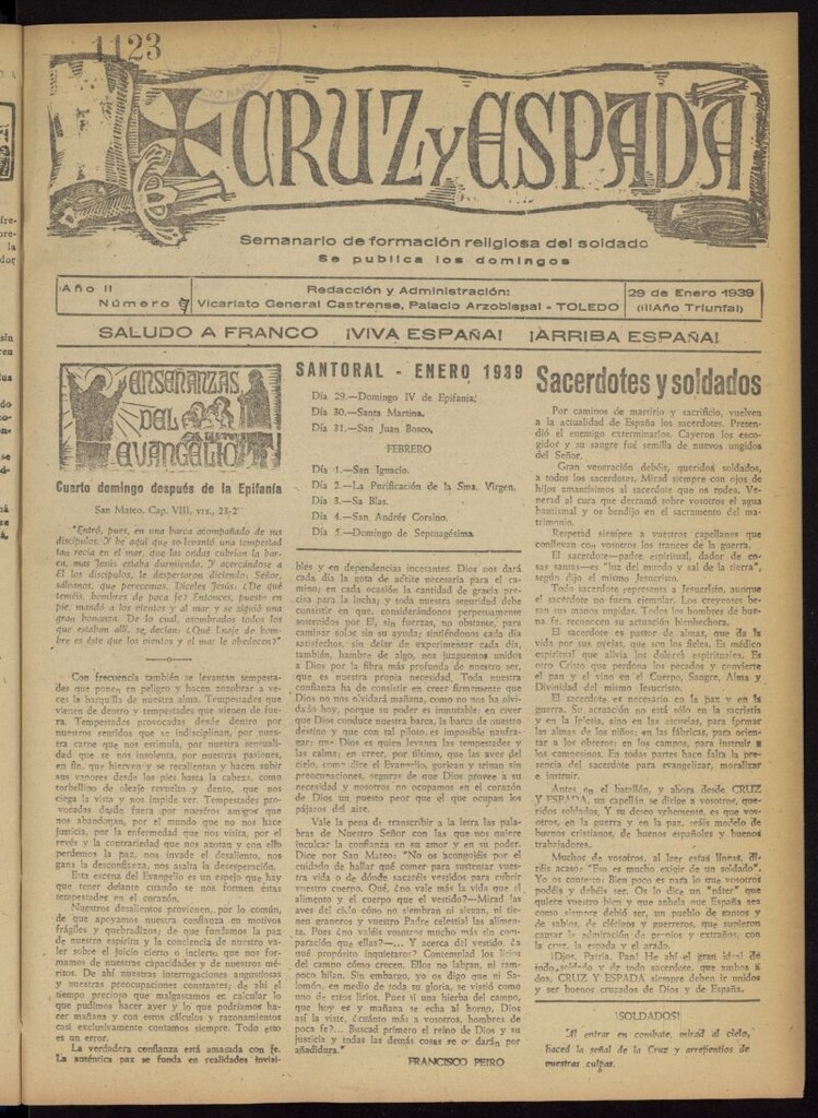 Miniatura de Cruz y espada : semanario de formación religiosa del soldado del 29 de enero de 1939, nº 7