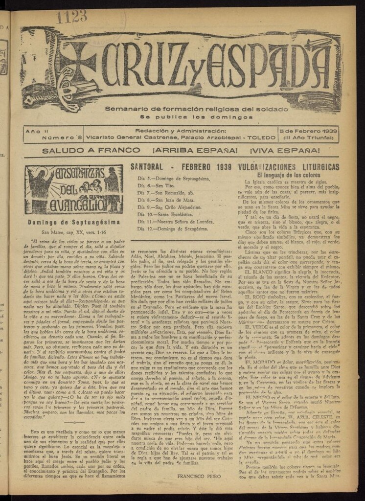 Miniatura de Cruz y espada : semanario de formación religiosa del soldado del 5 de febrero de 1939, nº 8