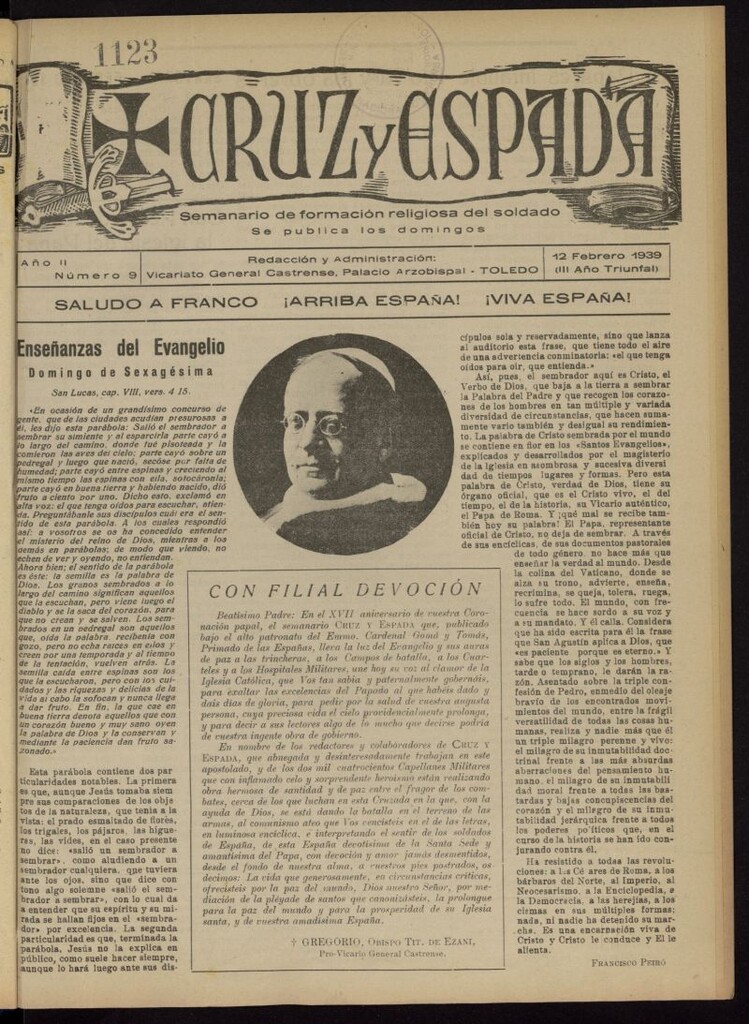 Miniatura de Cruz y espada : semanario de formación religiosa del soldado del 12 de febrero de 1939, nº 9