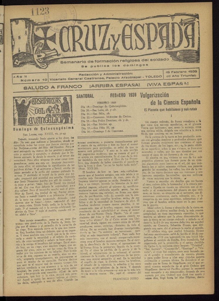 Miniatura de Cruz y espada : semanario de formación religiosa del soldado del 19 de febrero de 1939, nº 10