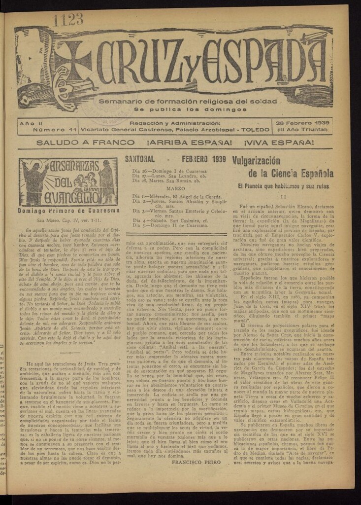 Miniatura de Cruz y espada : semanario de formación religiosa del soldado del 26 de febrero de 1939, nº 11