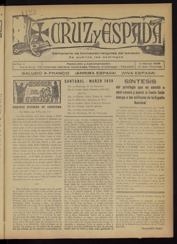 Miniatura de Cruz y espada : semanario de formación religiosa del soldado del 5 de marzo de 1939, nº 12