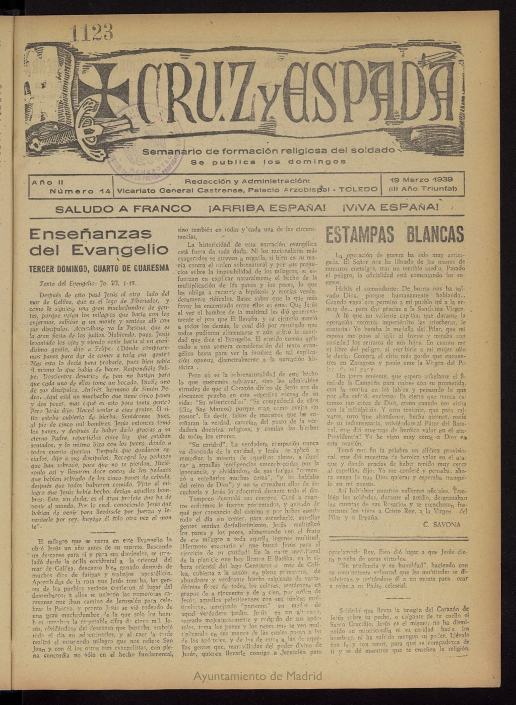 Miniatura de Cruz y espada : semanario de formación religiosa del soldado del 19 de marzo de 1939, nº 14