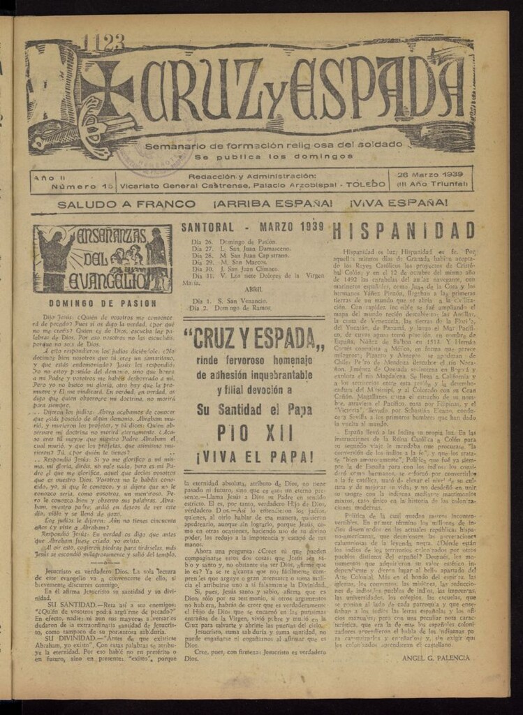 Miniatura de Cruz y espada : semanario de formación religiosa del soldado del 26 de marzo de 1939, nº 15
