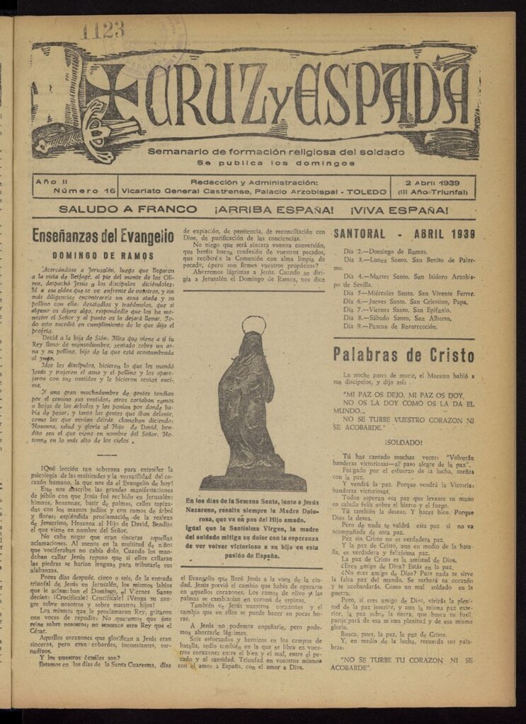Miniatura de Cruz y espada : semanario de formación religiosa del soldado del 2 de abril de 1939, nº 16