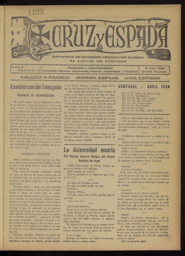Miniatura de Cruz y espada : semanario de formación religiosa del soldado del 9 de abril de 1939, nº 17