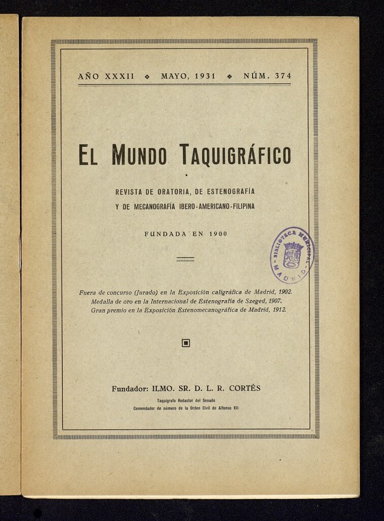 Miniatura de El Mundo Taquigráfico: revista mensual hispano-americana de oratoria y de estenografía .Mayo de 1931, nº 374