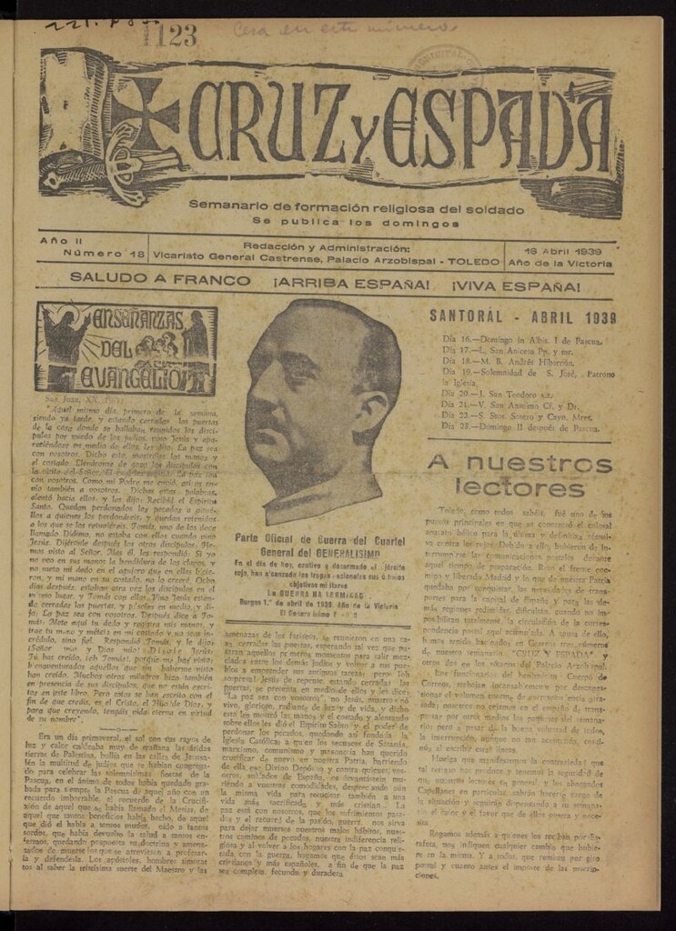 Miniatura de Cruz y espada : semanario de formación religiosa del soldado del 16 de abril de 1939, nº 18