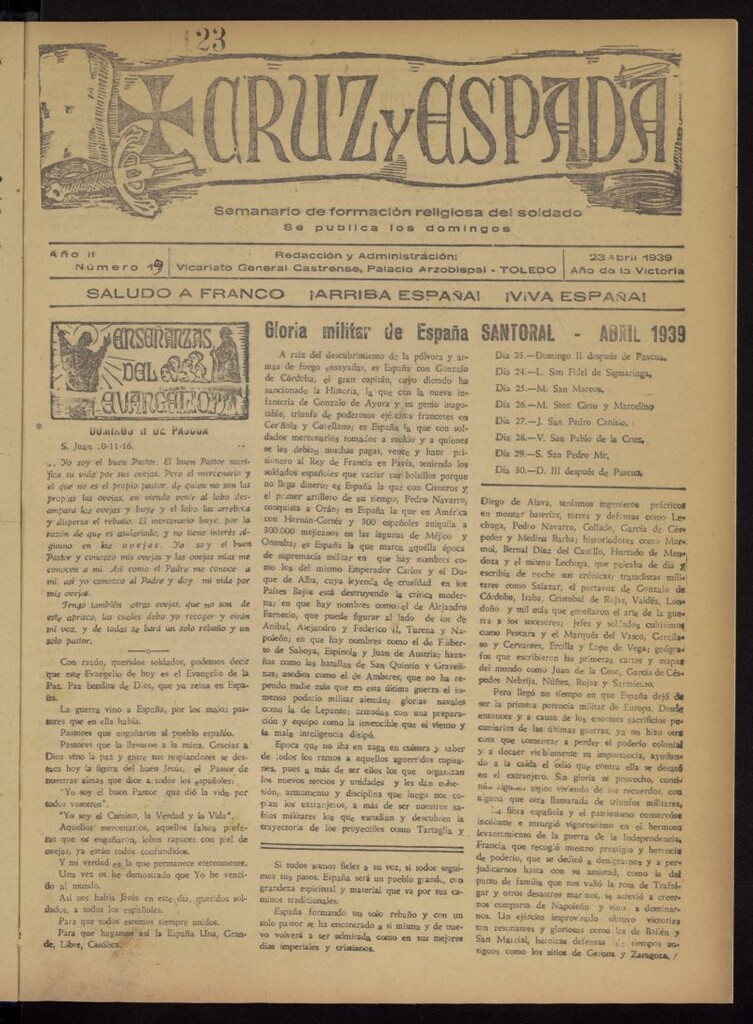 Miniatura de Cruz y espada : semanario de formación religiosa del soldado del 23 de abril de 1939, nº 19